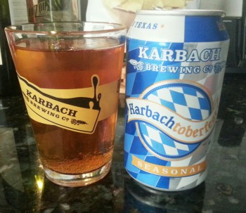 Karbachtoberfest logo and beer in a glass mug